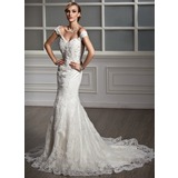 Sirene Hors épaule Traine courte Satin Tulle Robe de Mariée avec Dentelle Perlé (002011499)