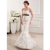 Sirene Cœur Traine longue Satin Tulle Robe de Mariée avec Dentelle Echarpes Perlé (002019531)