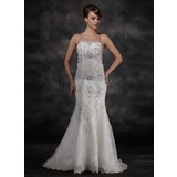 Sirene Traine courte Organza Robe de Mariée avec Dentelle Perlé Sequins (002017114)