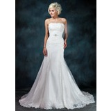 Sirene Sans bretelles Traîne Chapelle Organza Satin Robe de Mariée avec Ondulé lacet Perlé (002001236)