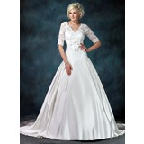 bal Col V Traine courte Satin Tulle Robe de Mariée avec Ondulé Dentelle Echarpes (002011615)