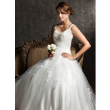 bal Col V Traine longue Satin Tulle Robe de Mariée avec Ondulé Dentelle Perlé Pailleté (002008170)
