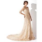 Coupe droite Hors épaule Traine courte Satin Tulle Robe de Mariée avec Dentelle (002011393)