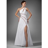 Gaine Une epaule Traine longue Mousseline Robe de Bal de Promo avec Ondulé Brodé (018005081)