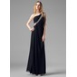 Nauwaansluitend Een-Schouder Vloerlengte Chiffon Avondjurk met Roes Kraal (017004365)