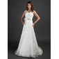 Ligne-A/Princesse Col V Traine courte Satin Dentelle Robe de Mariée avec Echarpes Fleurs (002000187)