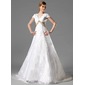 Ligne-A/Princesse Encolure carrée Traîne Chapelle Satin Dentelle Robe de Mariée avec Dentelle Echarpes Broche florale en cristal (002000125)