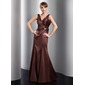 Zeemeermin V-nek Vloerlengte Satin Avondjurk met Roes Kristal Bloemen Pin (017014758)