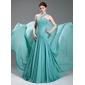 A-Lijn/Prinses Een-Schouder Lange Sleep Chiffon Avondjurk met Roes Beading Appliques (017019733)
