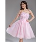 A-formet/Prinsesse Stroppløs Knelengde Organza Ballkjoler med Frynse Profilering Blomst(er) Palliet-belagt (022020838)