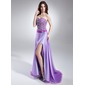 A-Line/Princess Sweetheart Sweep Train Organza Satin Prom Dress With Beading (018015646)