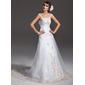 Ligne-A/Princesse Hors épaule Traine courte Satin Tulle Robe de Mariée avec Ondulé Dentelle Perlé (002000091)