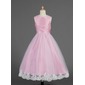 A-Line/Princess Scoop Neck Tea-Length Taffeta Tulle Flower Girl Dress With Lace (010014621)