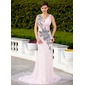 Gaine Col V Traine courte Satin Tulle Dentelle Robe de Soirée avec Ondulé Perles Appliques (017017399)